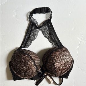NEW VS Very Sexy 34C Elegant Lace Halter Bra - Black and Tan